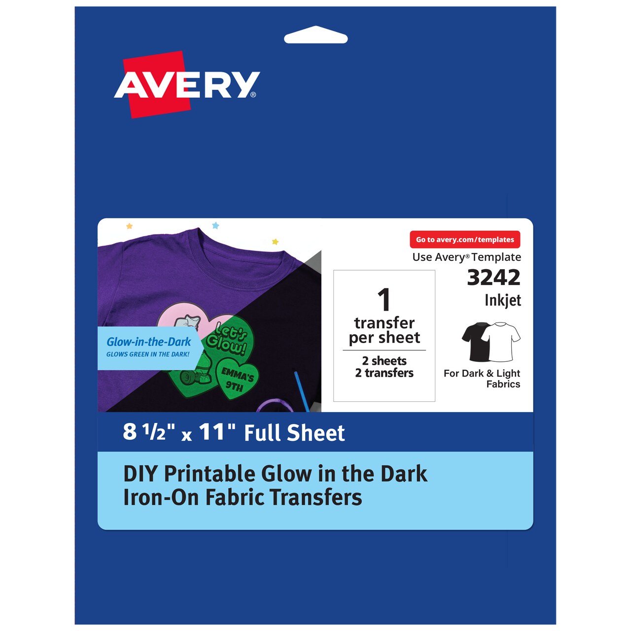 Avery Glow in the Dark Fabric Transfer Paper, 8.5" x 11", Printable Heat Transfers for Inkjet Printers, 2 Sheets (03242)